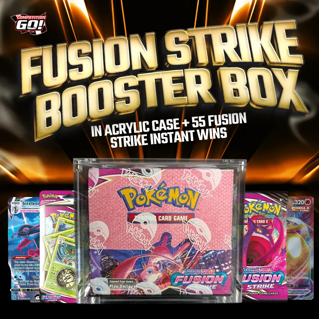 FUSION STRIKE BOOSTER BOX IN ACRYLIC CASE + 55 FUSION STRIKE INSTANT WINS