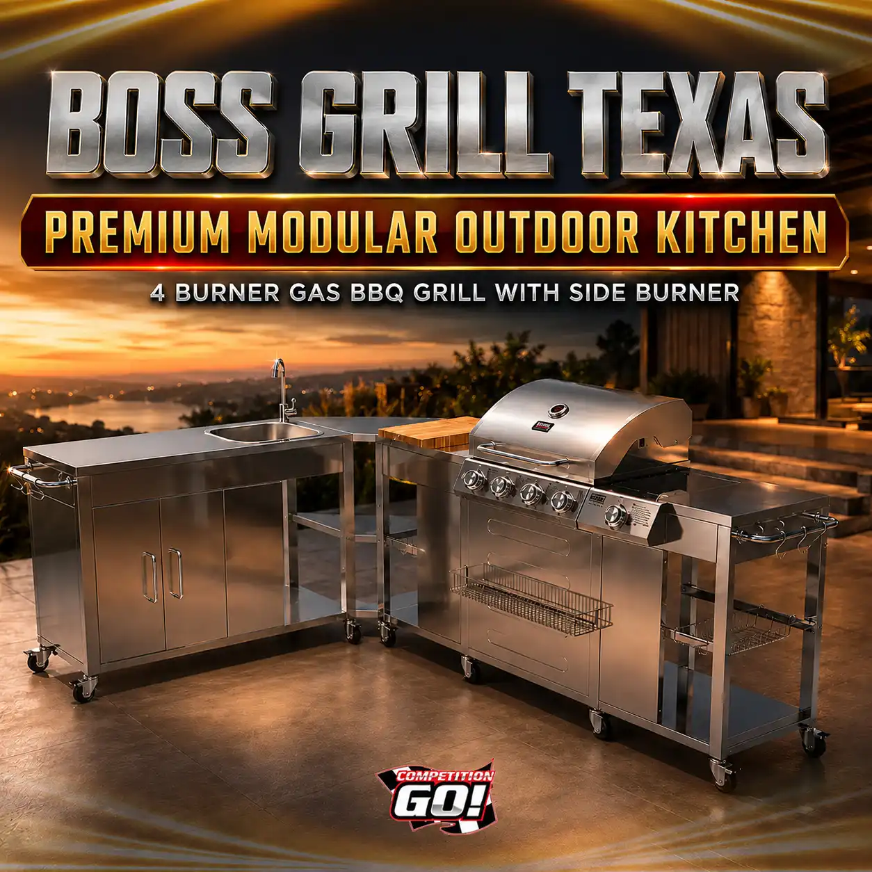 BOSS GRILL TEXAS PREMIUM MODULAR OUTDOOR KITCHEN - 4 BURNER GAS BBQ GRILL WITH SIDE BURNER