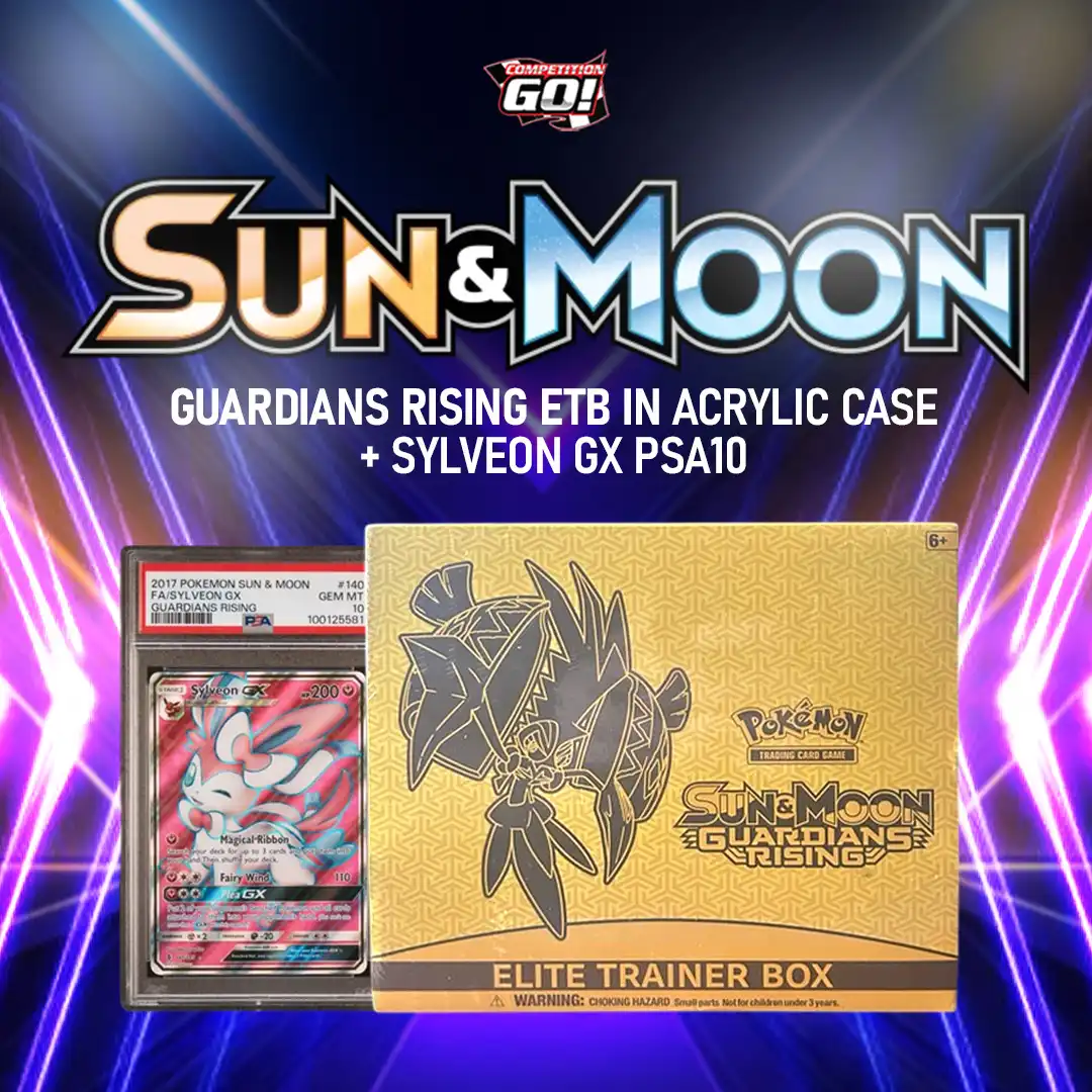 SUN & MOON GUARDIANS RISING ETB IN ACRYLIC CASE + SYLVEON GX PSA10