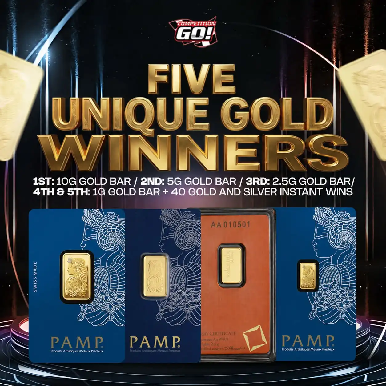 FIVE UNIQUE GOLD WINNERS: 1ST: 10G GOLD BAR / 2ND: 5G GOLD BAR / 3RD: 2.5G GOLD BAR / 4TH & 5TH: 1G GOLD BAR + 40 GOLD AND SILVER INSTANT WINS