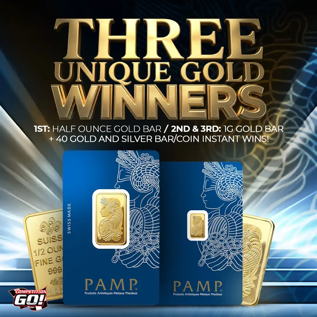 THREE UNIQUE GOLD WINNERS: 1ST: HALF OUNCE GOLD BAR / 2ND & 3RD: 1G GOLD BAR + 40 GOLD AND SILVER BAR INSTANT WINS!