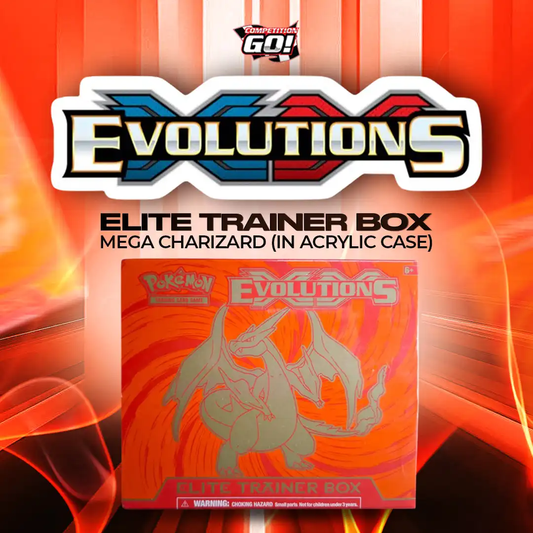 XY EVOLUTIONS ELITE TRAINER BOX - MEGA CHARIZARD (IN ACRYLIC CASE)