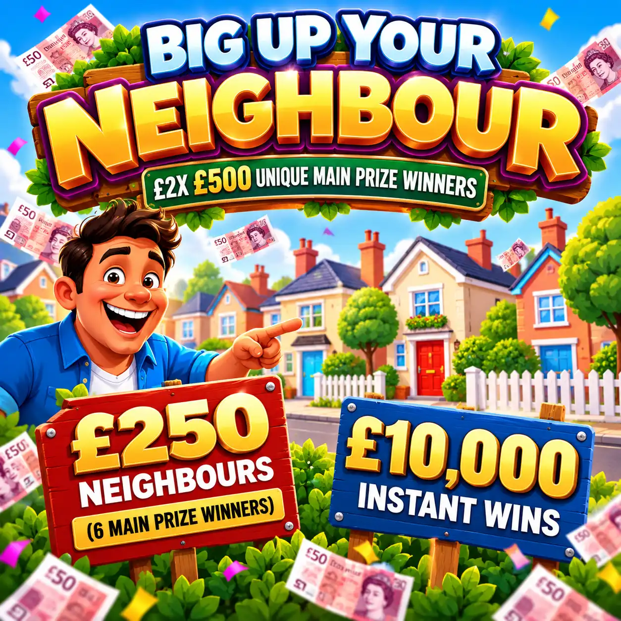 BIG UP YOUR NEIGHBOURS - £2X £500 MAIN PRIZE WINNERS + £250 NEIGHBOURS (6 MAIN PRIZE WINNERS) + £10,000 INSTANT WINS
